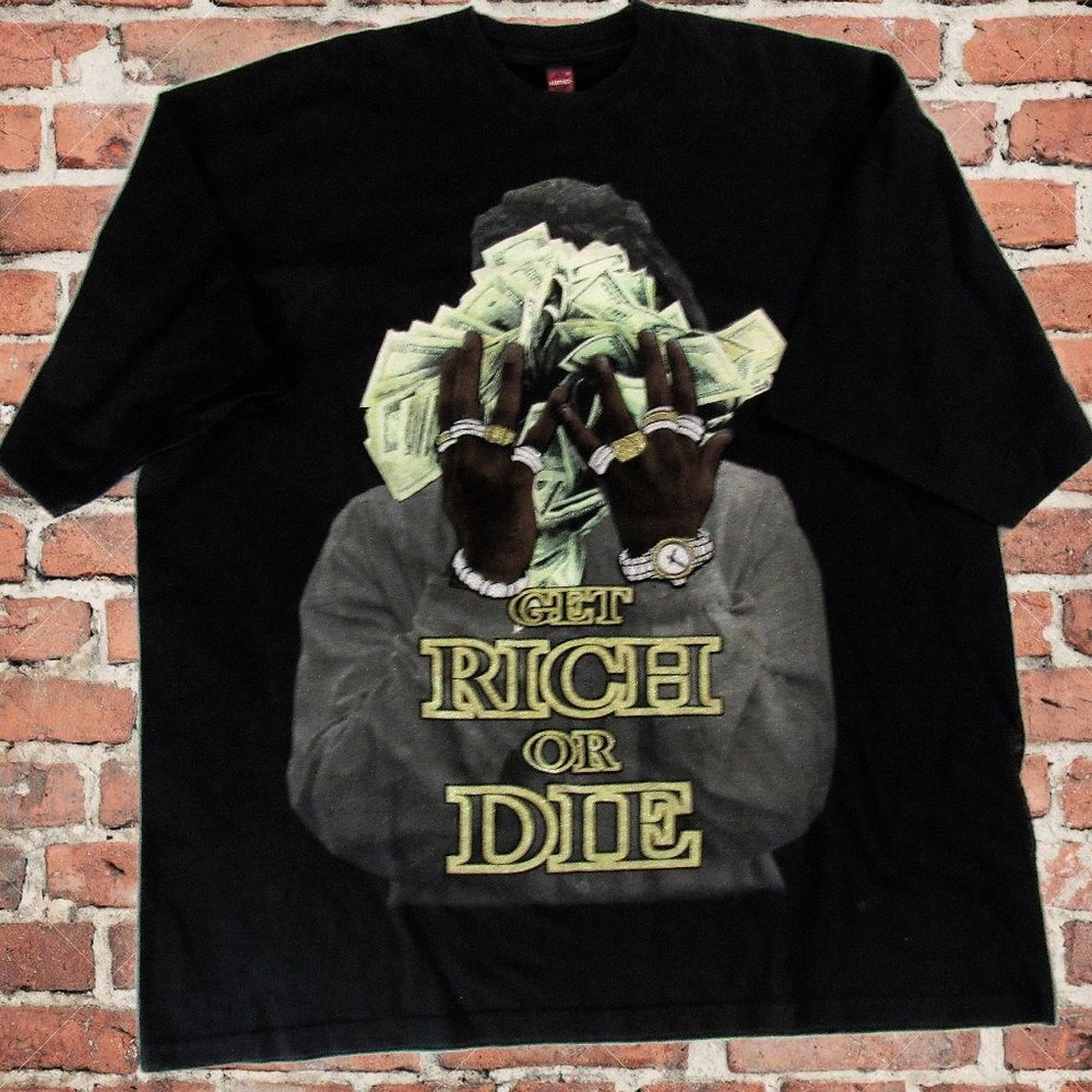 Vtg Get Rich or Die T-Shirt 3D Men's 4XL Velvet Street Wear Hip Hop Rap Tee RARE